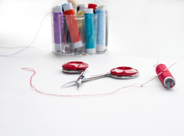 Igła i mulina na lnianym tle